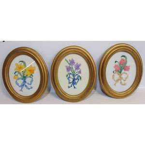 3 Vintage Oval Needlepoint Framed Roses Flowers Floral Bouquet Handmade 8" X 6.5
